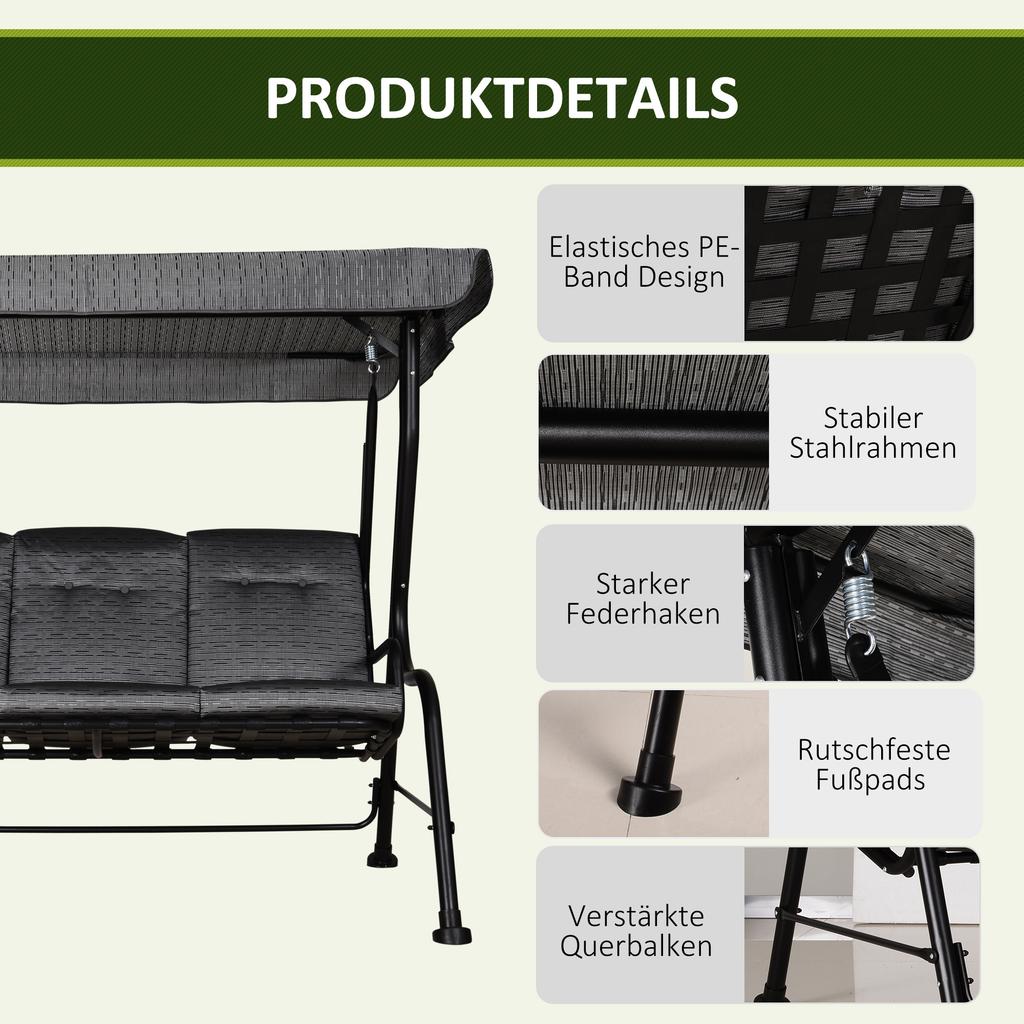 Swing Bench, 3-Seater Garden Swing, Adjustable Canopy, Textilene Gray 200 x 120 x 170 cm