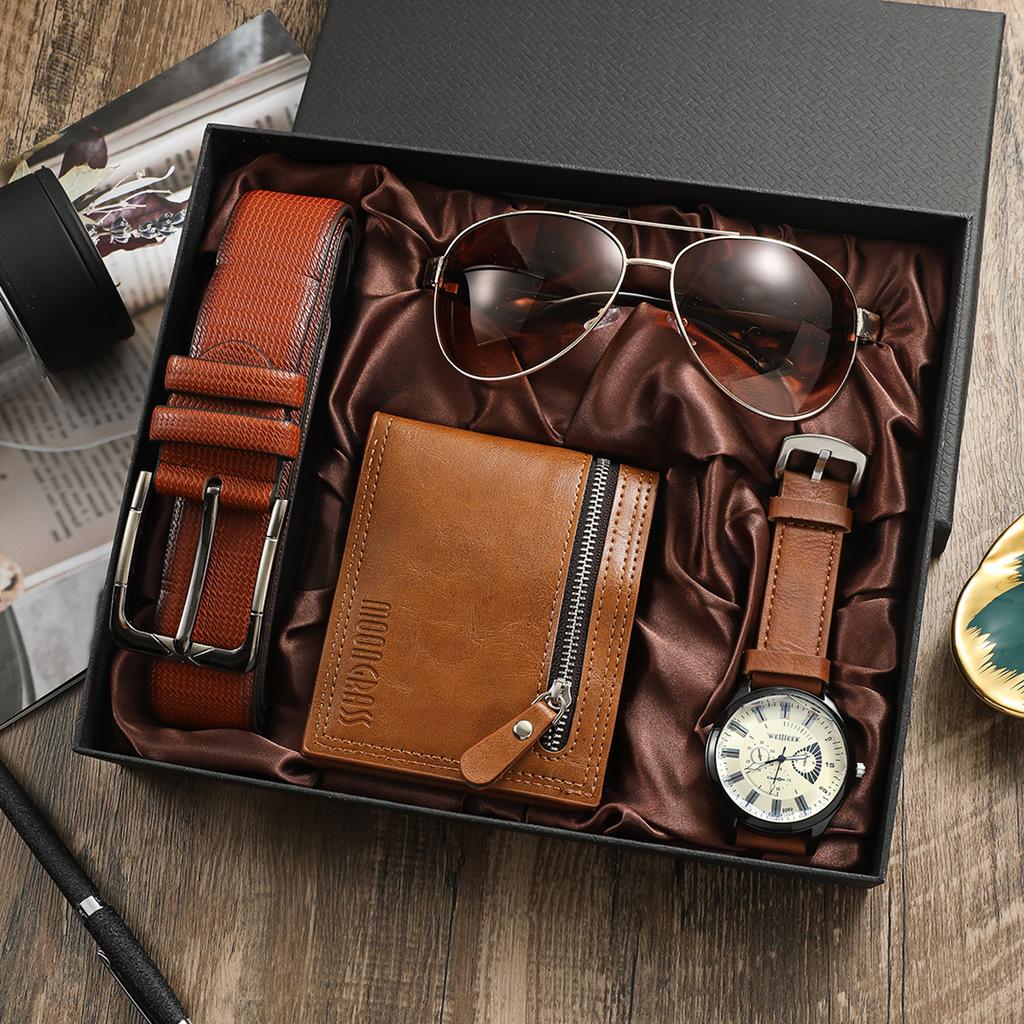 Fashion Luxury Gift Business Box Belt Wallet Glasses 4pcs Set Leather Wristwatch Quartz Men's Watches Set for Men
