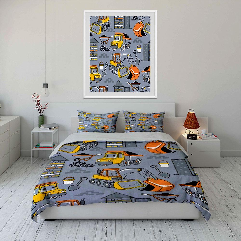 Construction Vehicles Pattern Bedding Duvet Cover Set Duvet Cover Pillowcases  (1*Duvet Cover 2*Pillowcases, without duvet insert)