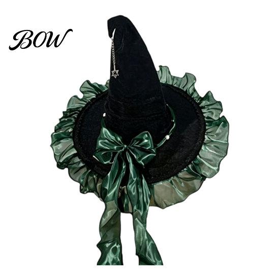 High-quality Witch Hat Halloween for Women, Velvet Wizard with Ruffle Mysterious Design Brim And Bow Party, Masquerade, Cosplay Costume Accessory зелёный