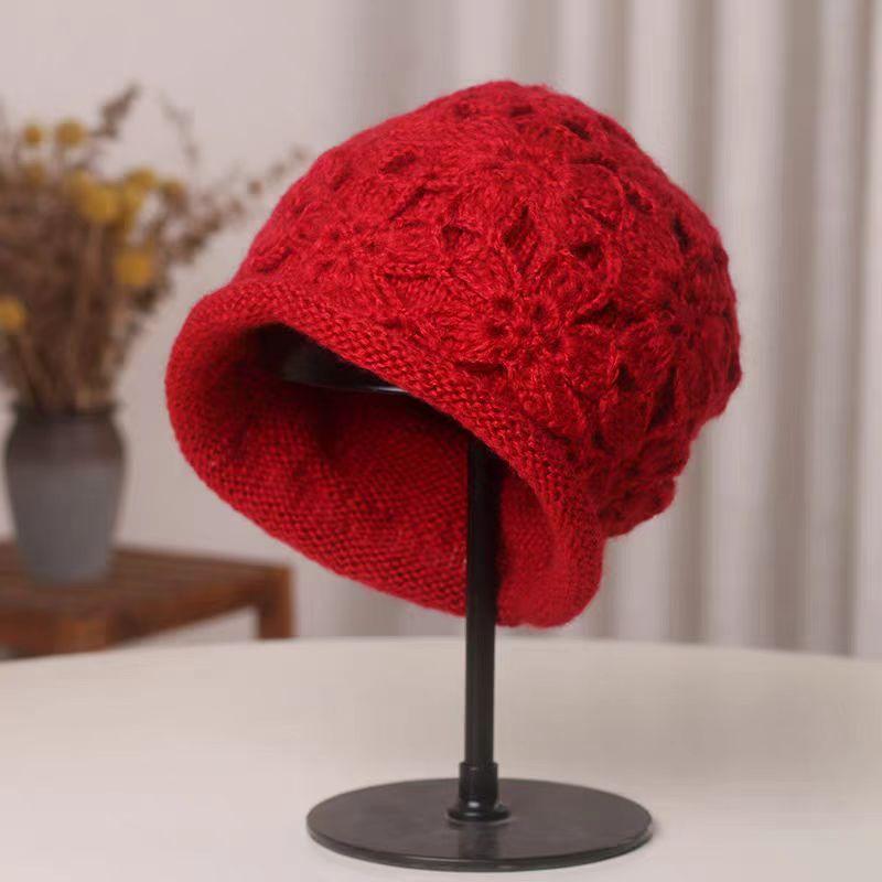

Осенне-зимняя женская универсальная теплая мягкая шапка-пуловер с цветком ручной работы, двухслойная вязаная шерстяная шапка-бини 52-56cm