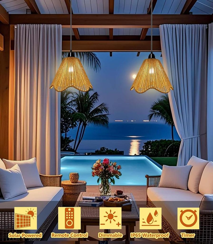 Solar Chandelier Outdoor Waterproof, Remote-Controlled Hanging Light for Porch, Patio, Garden (2 Lights)