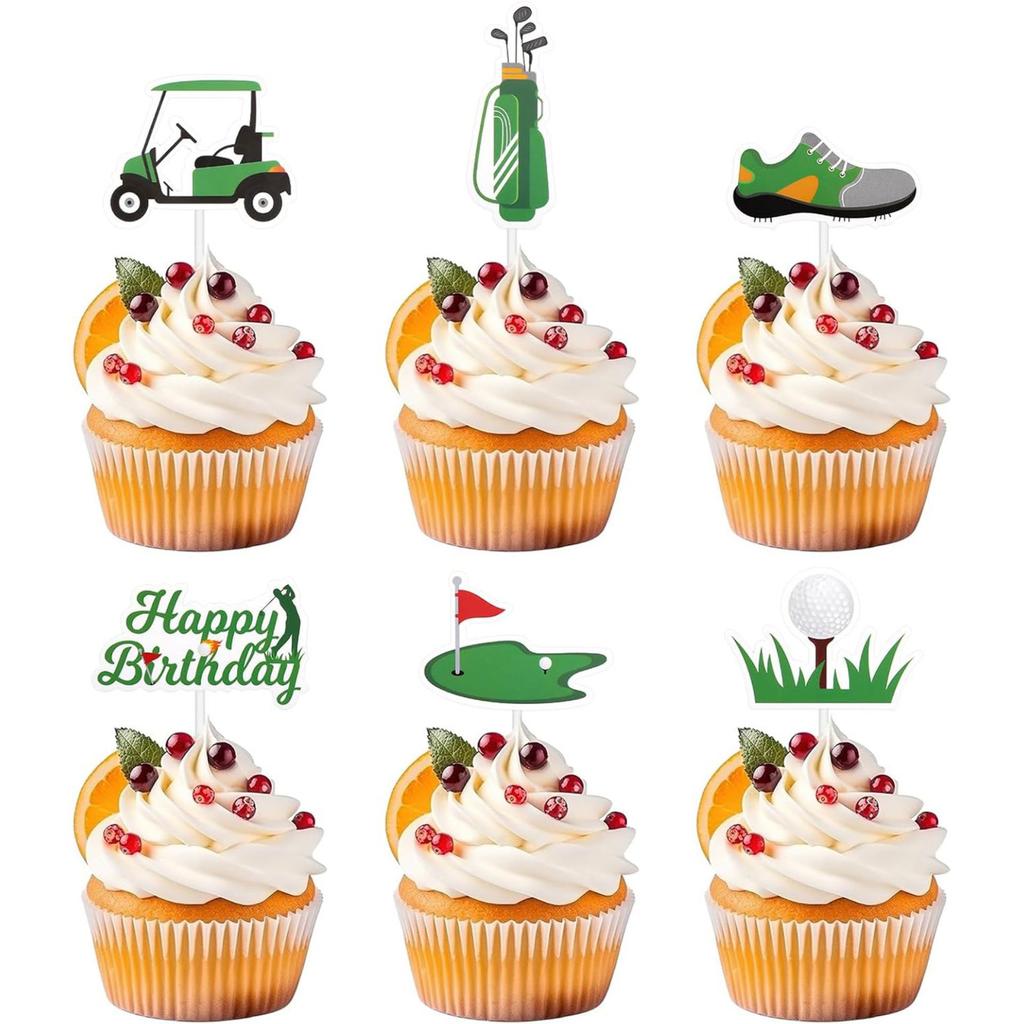 Golf Theme Birthday Cake Toppers 6pcs Set Golf Cart Golf Bag Golf Shoe Golf Ball on Tee Golf Green with Flag Happy Birthday Sign Party Decorations
