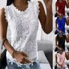 Lace Splicing Sleeveless Tops for Women Solid Color Round Neck Blouse