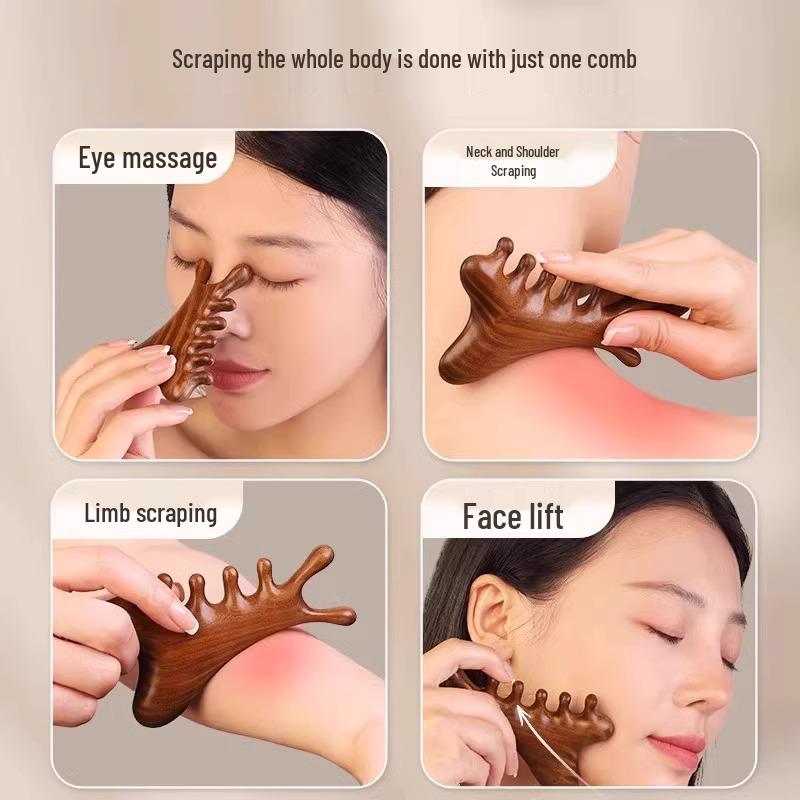 4-in-1 Sandalwood Comb: Head, Face, Eye, Scalp Massage & Gua Sha Therapy