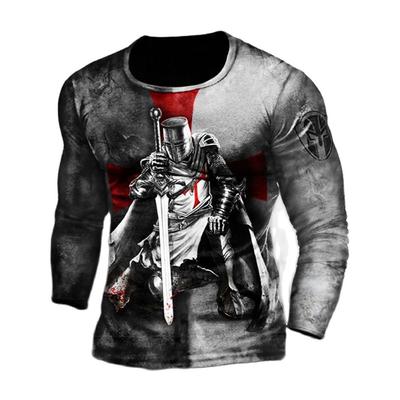 Retro 3D Templar-riddere for menn Langermet T-skjorte Street Hip Hop Løs T-skjorter med rund hals Bluse Plus Size Pullover Topper T-skjorter