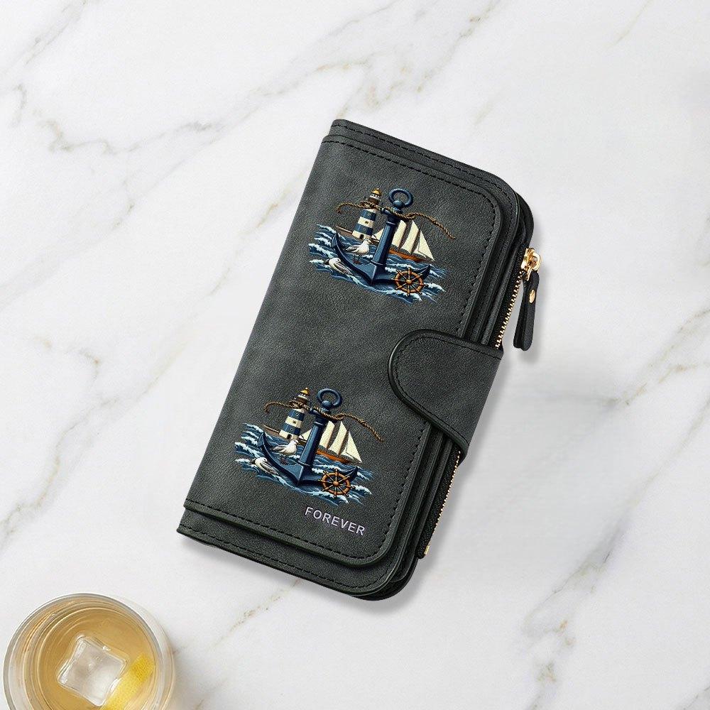 Nautical Themed Anchor Lighthouse Printed Long Wallet Unisex Multifunctional Portable Snap Button Coin Purse Perfect Birthday Holiday Gift For Men