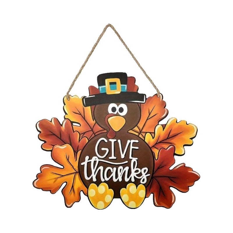

Thanksgiving Turkey Sign Decoration Handmade Wood Front Door Hanger Festival Wall Hanging Wreath Accessory with Lanyard 1