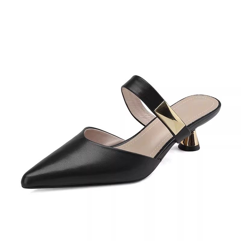 Woman Mules Slippers Leather Sandals Heeled Slides Sexy Pointed Toe Shoes for Women Casual Designer Luxury High Quality H Sandal