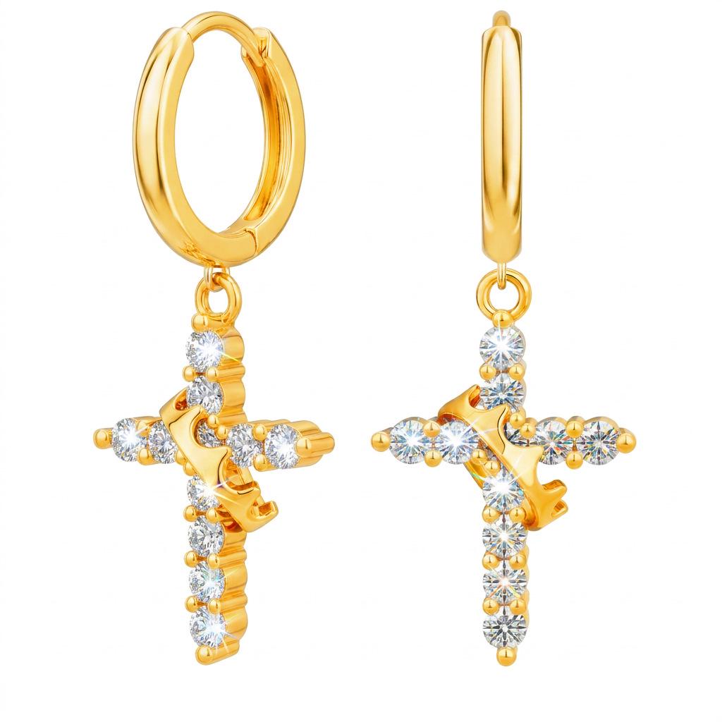 Women's 18K Gold Crown Cross Necklace with Eco-Friendly Nickel-Free Electroplating and Zirconia.