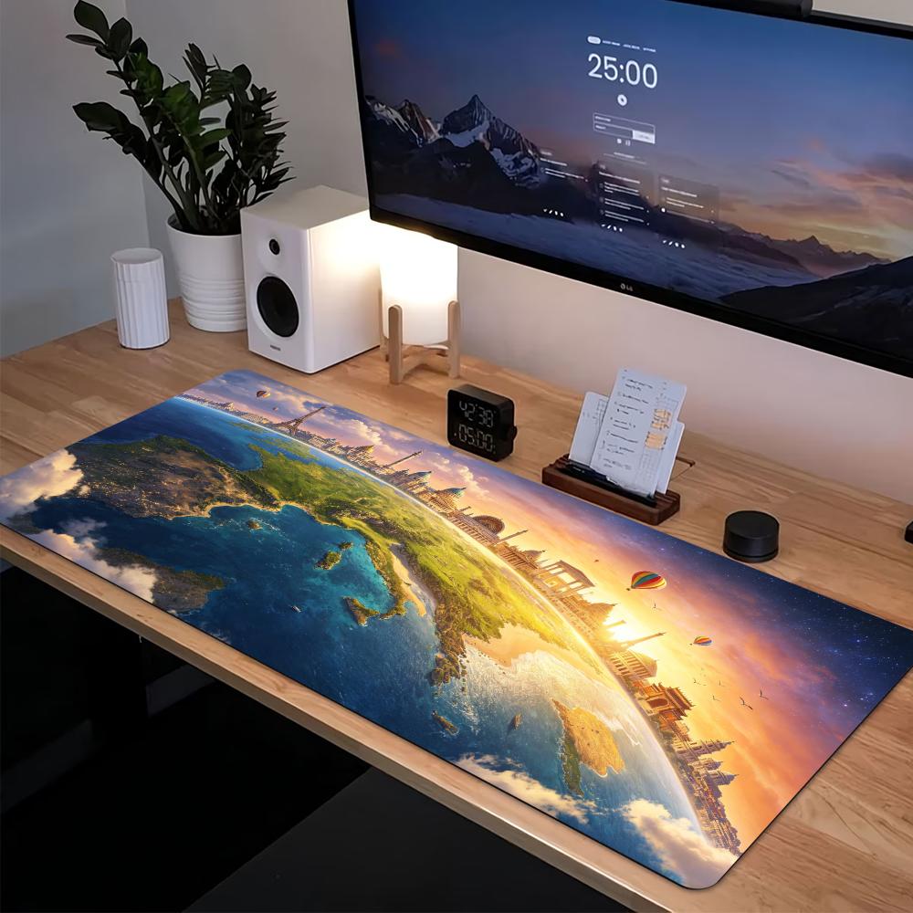 Large Mouse Pad World Map Earth City Print Stitched Edge AntiSlip Rubber Desk Mat For Gaming Working Home Office Laptop Use