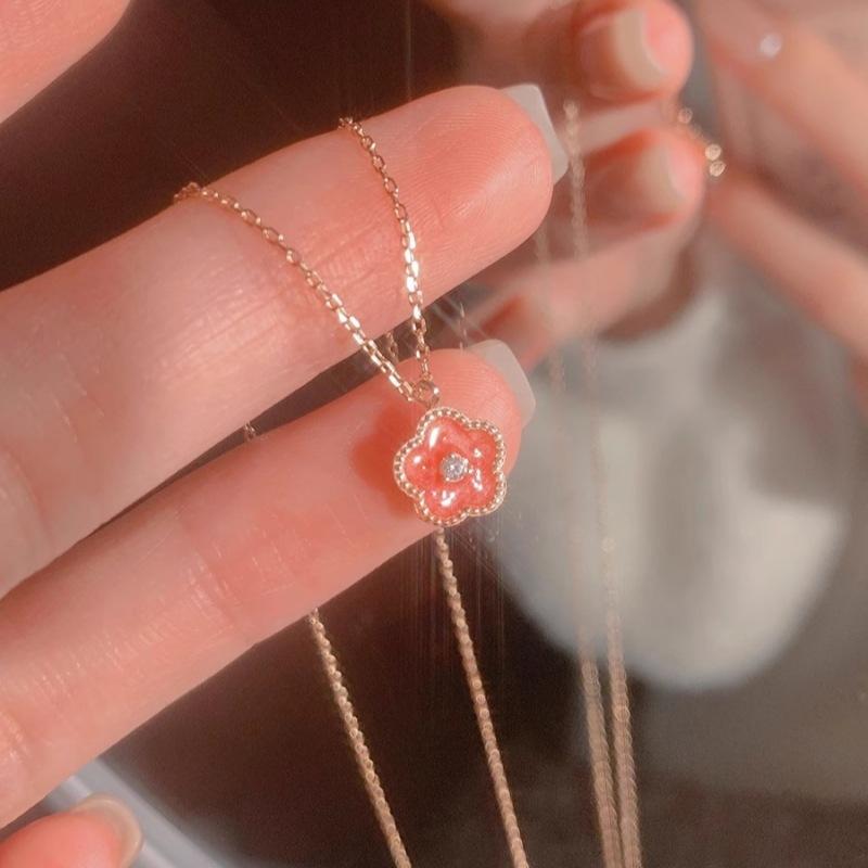 925 Sterling Silver Pink Peach Blossom Necklace Female Korean Version New Accessories Sweet Temperament Flower Neck Chain