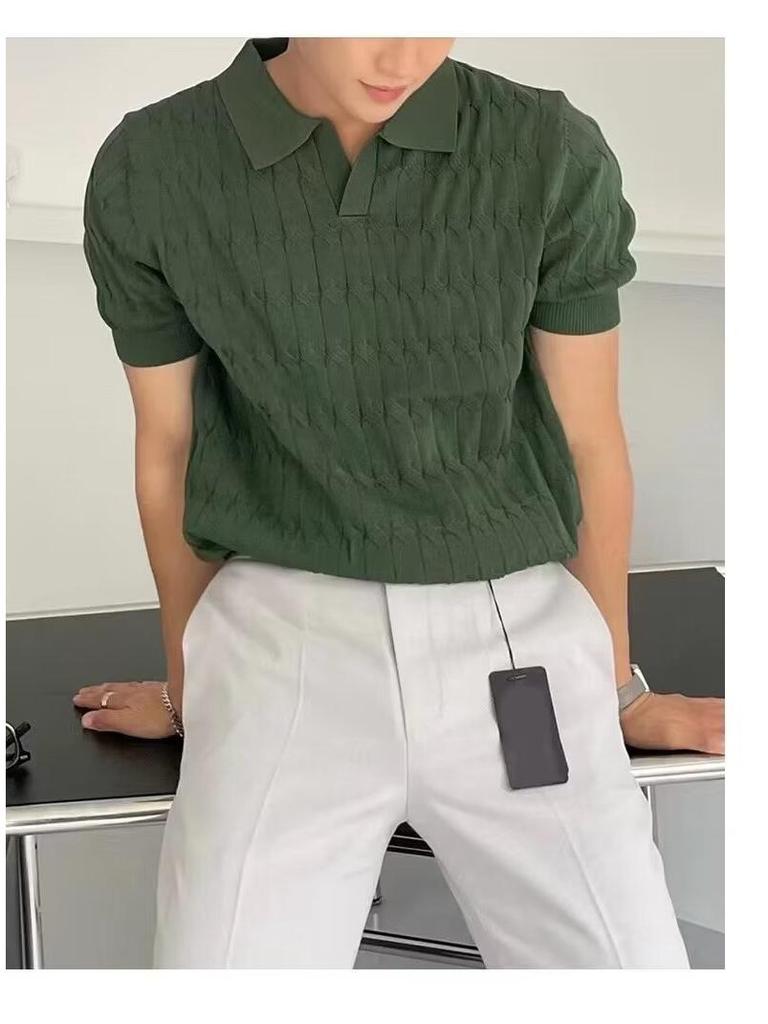 Men's Summer Slim Fit Polo Shirt - Korean Style, Turn-Down Collar, Solid Color, Casual Thin Knit