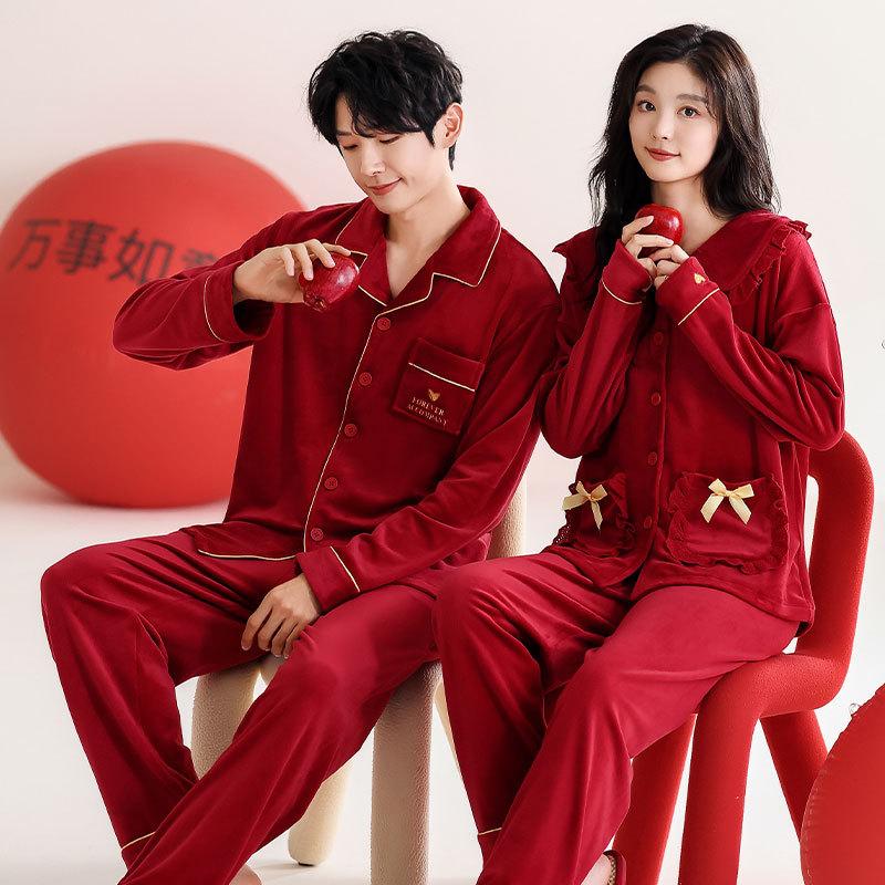 Couple pajamas big red suit natal year marriage newlywed men and women winter island fleece fleece autumn and winter small man