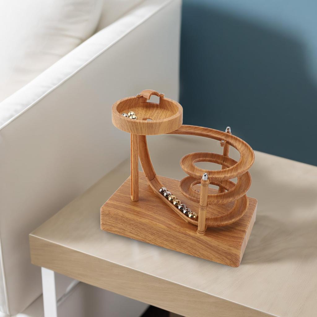 Kinetic Art Perpetual Motion Machine Ornament, Desk Toy Stress Relief Gadget, Rolling Ball Toy Office Desk Decor for Home and Office (Wood)
