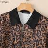 ZANZEA Damen Lässige Langarm Reißverschluss Leopardenmuster Dünne Jacken