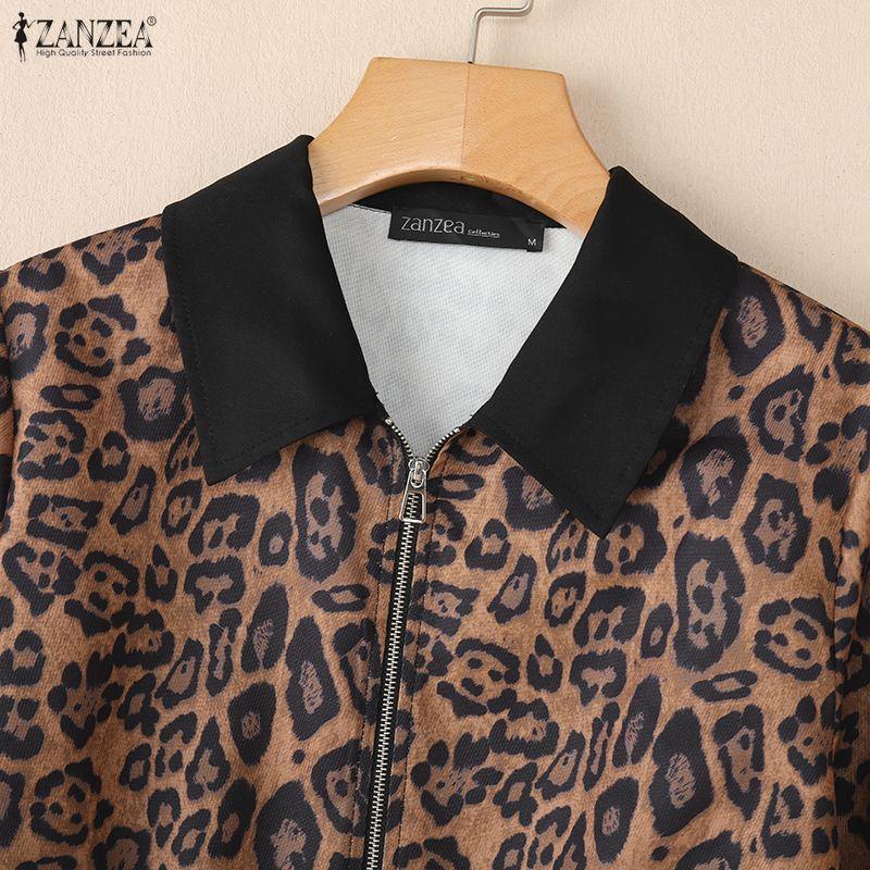 ZANZEA Damen Lässige Langarm Reißverschluss Leopardenmuster Dünne Jacken