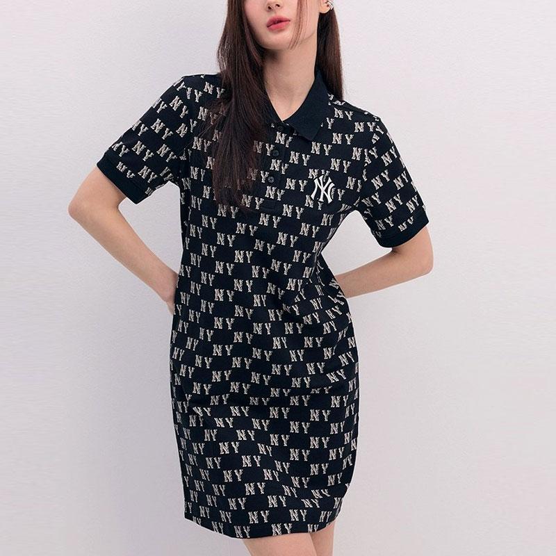 New MLB MONOGRAM SS24 Short Sleeved Dress Women's Black 3FOPM0143-50BKS