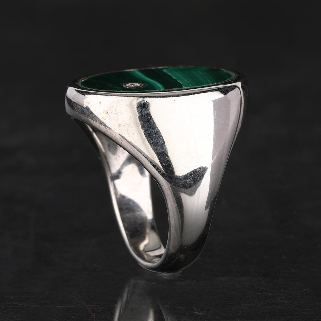 925 Silver Malachite Oval Ring Yellow Gold Plated Diamond Accent Green Gemstone Women Jewelry Size 4