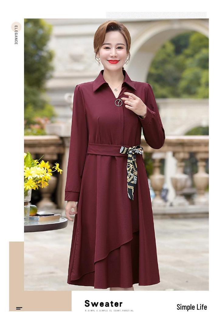 Spring 2026 Long-sleeve Dress for Middle-aged Women: Waist-cinching, Wide-leg Style for Spring and Autumn