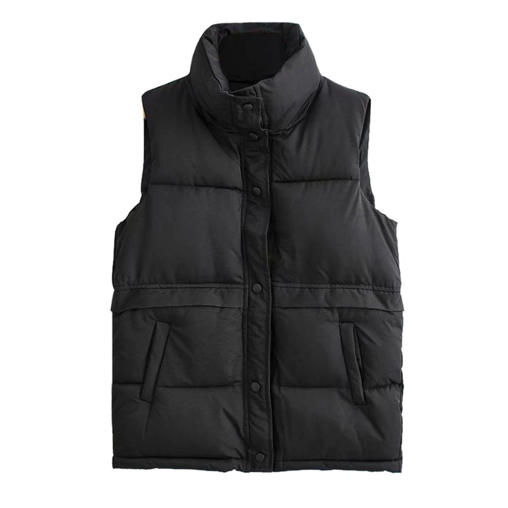 Women Solid Short Outerwear Cotton Jackets Pocket Loose Stand Vest Coats