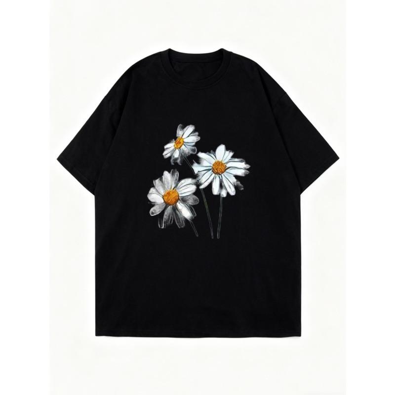 Oversized T Shirt Black Daisy Flower Print Summer Casual Wear