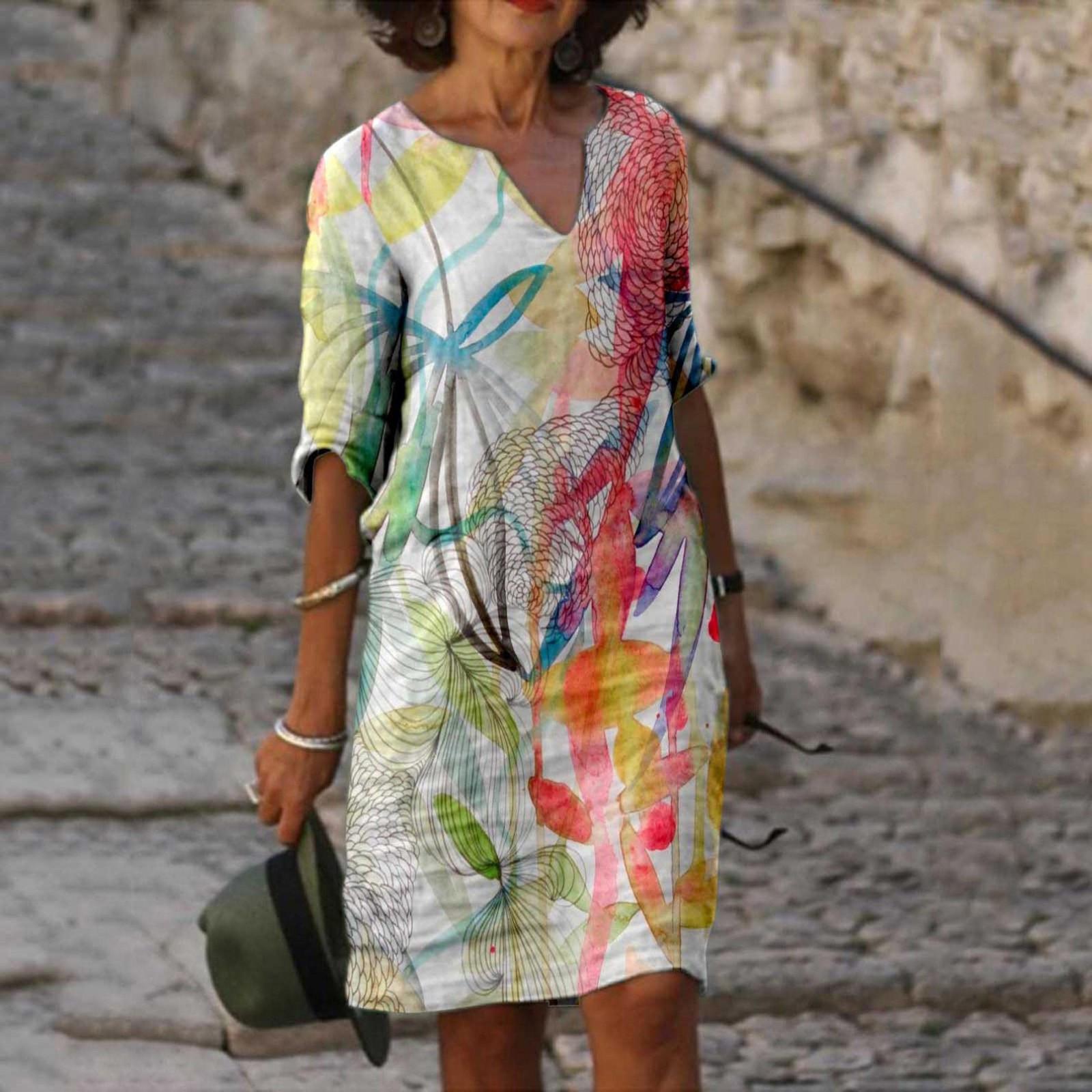 

Женское платье с v-образным вырезом и короткими рукавами, повседневное платье с принтом, пляжные платья, платье в стиле бохо XXL разноцветный