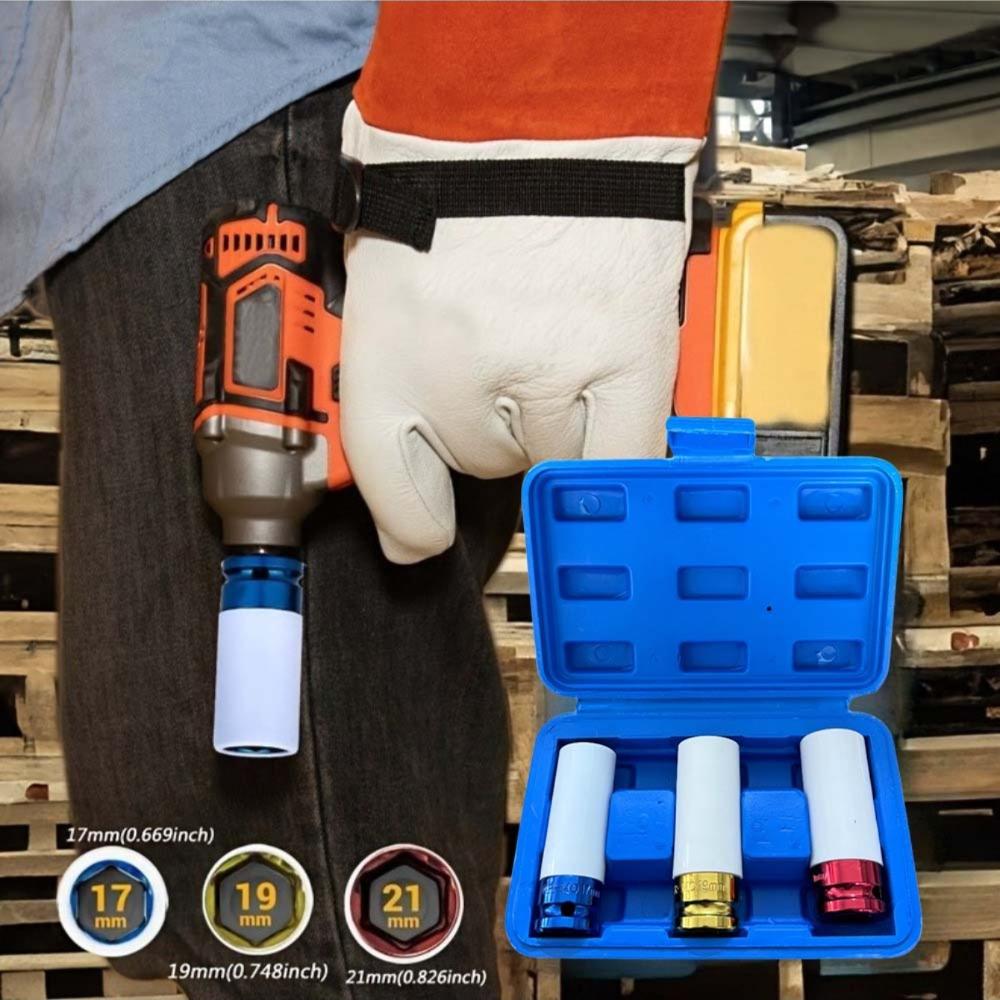 3-piece 1/2-inch Drive Impact Sleeve Set, Thin-walled Hub Nut Sleeve, Metal Deep Sleeve Set for Tire Protection