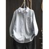 Pocket Vertical Striped Long-sleeved Shirt for Women Loose Casual and Versatile Base Top