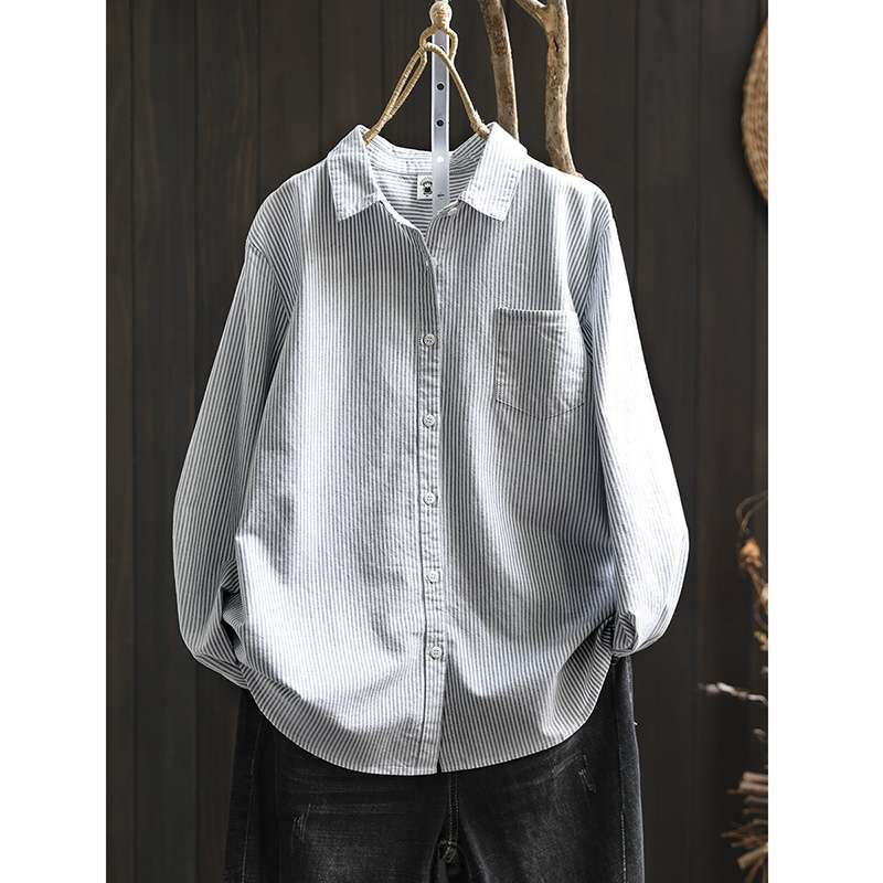 Pocket Vertical Striped Long-sleeved Shirt for Women Loose Casual and Versatile Base Top