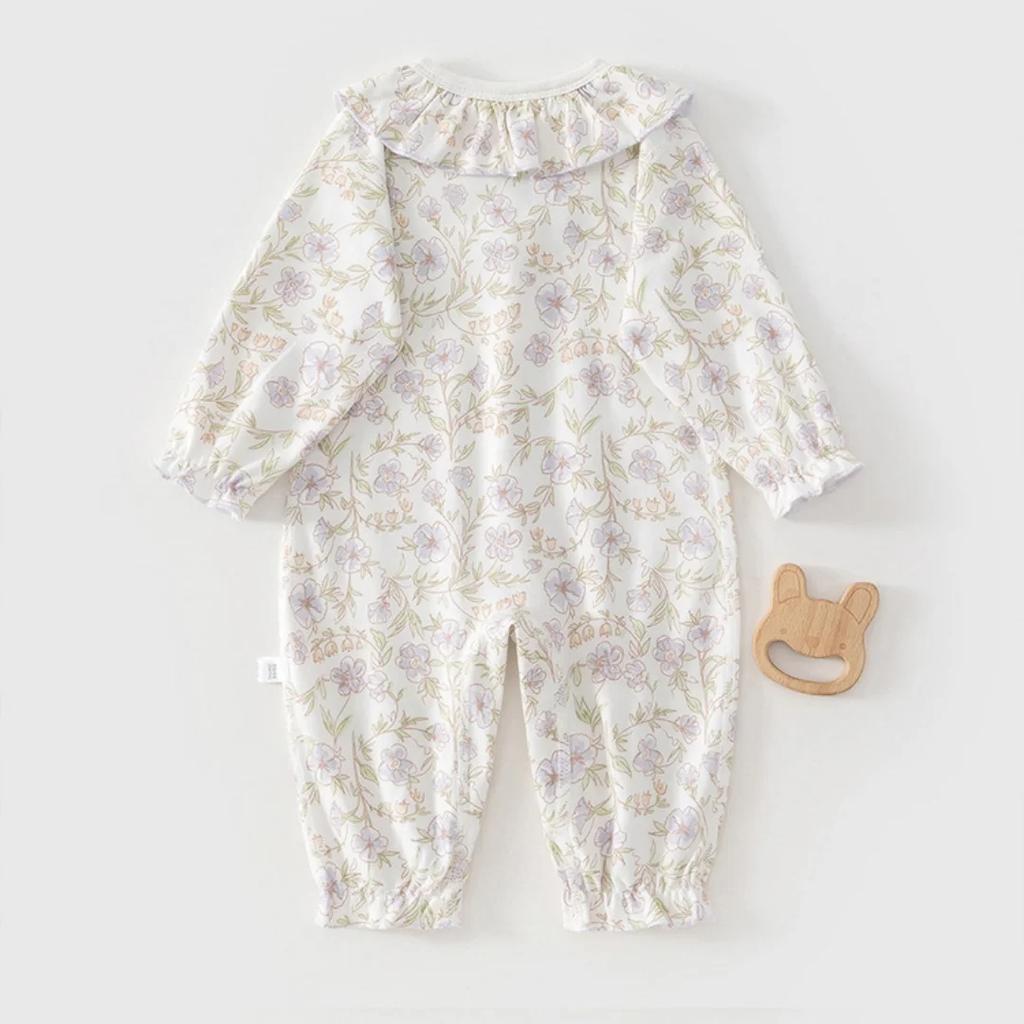 Frühlings-Schlafanzug Body 0-2J Neugeborene Säuglinge Mädchen Baumwolle Strampler Baby Langarm Rüschenkragen Blumenmuster Einteiler Overall