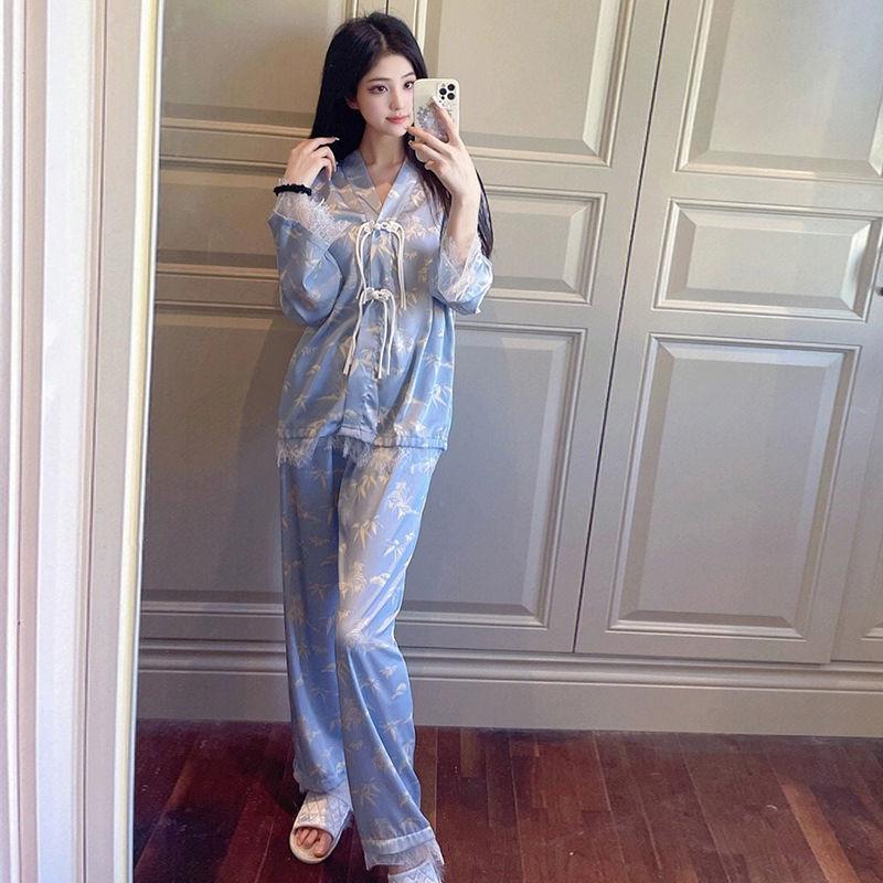 Silk Pajamas Women's Long Sleeve Tops Long Pants Silk Pajamas Two-piece Set Home Clothes Printed Korean Kawaii Clothes Pajamas