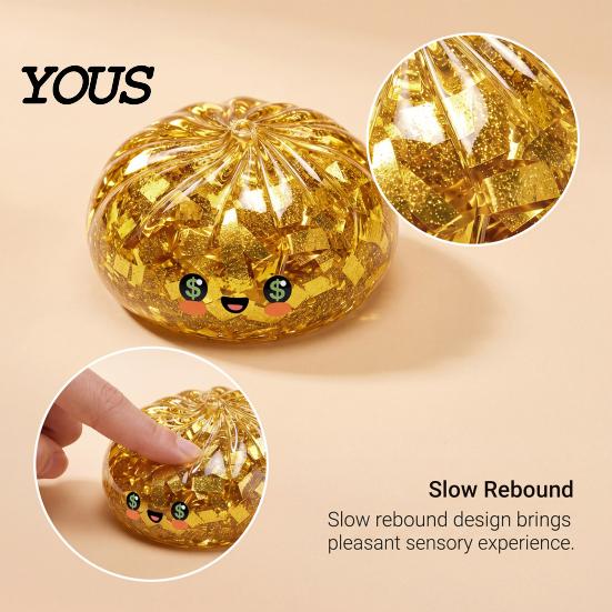 Wealth Attraction Decor Gold Foil Steamed Bun Squeeze Stress Ball, Cute Food Shape Fidget Fun Ball Toy for Anxiety Relief, Soft Elastic Maltose