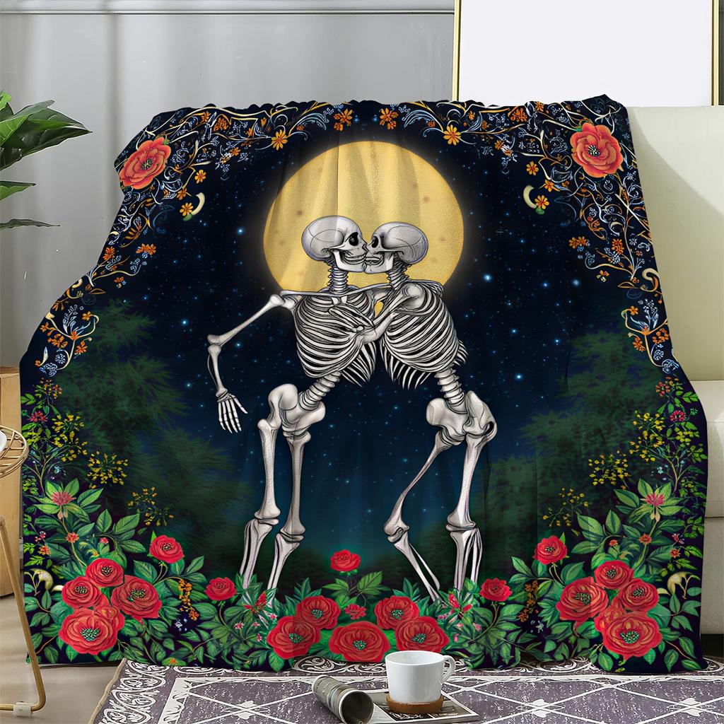 1pc Flannel Blanket: Romantic Moonlit Skull Couple 2D Print, Warm & Soft Throw for Sofa, Bed, Car, Office, Camping, and Travel –