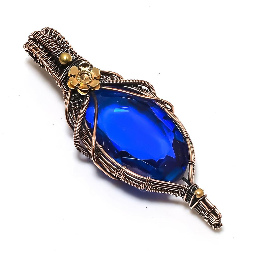 Blue Sapphire Pendant, Handmade Gemstone Pendant, 999 Copper Wire Wrapped Pendant Antique Jewelry, For Engagement Gift