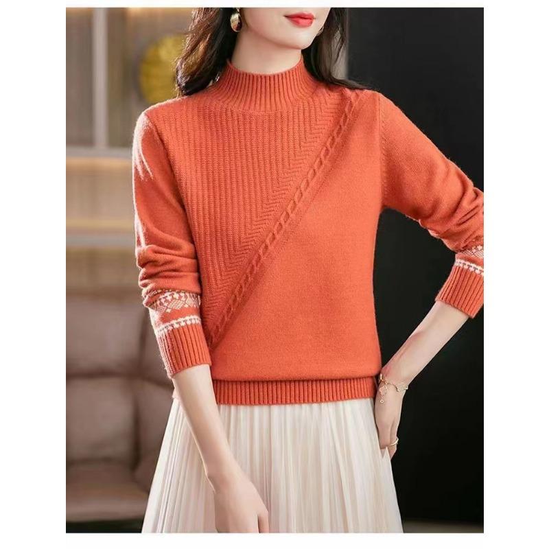 

Winter new semi-turtleneck pullover lazy temperament fashion jacquard loose knitted bottoming sweater women One Size оранжевый