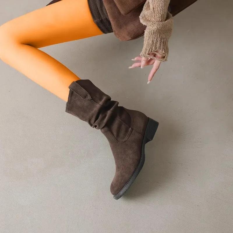 New Style Women'S Natural Suede Leather Small Square Toe Slip-On Autumn Pleated Knee High Boots Casual Female Punk Western Boots
