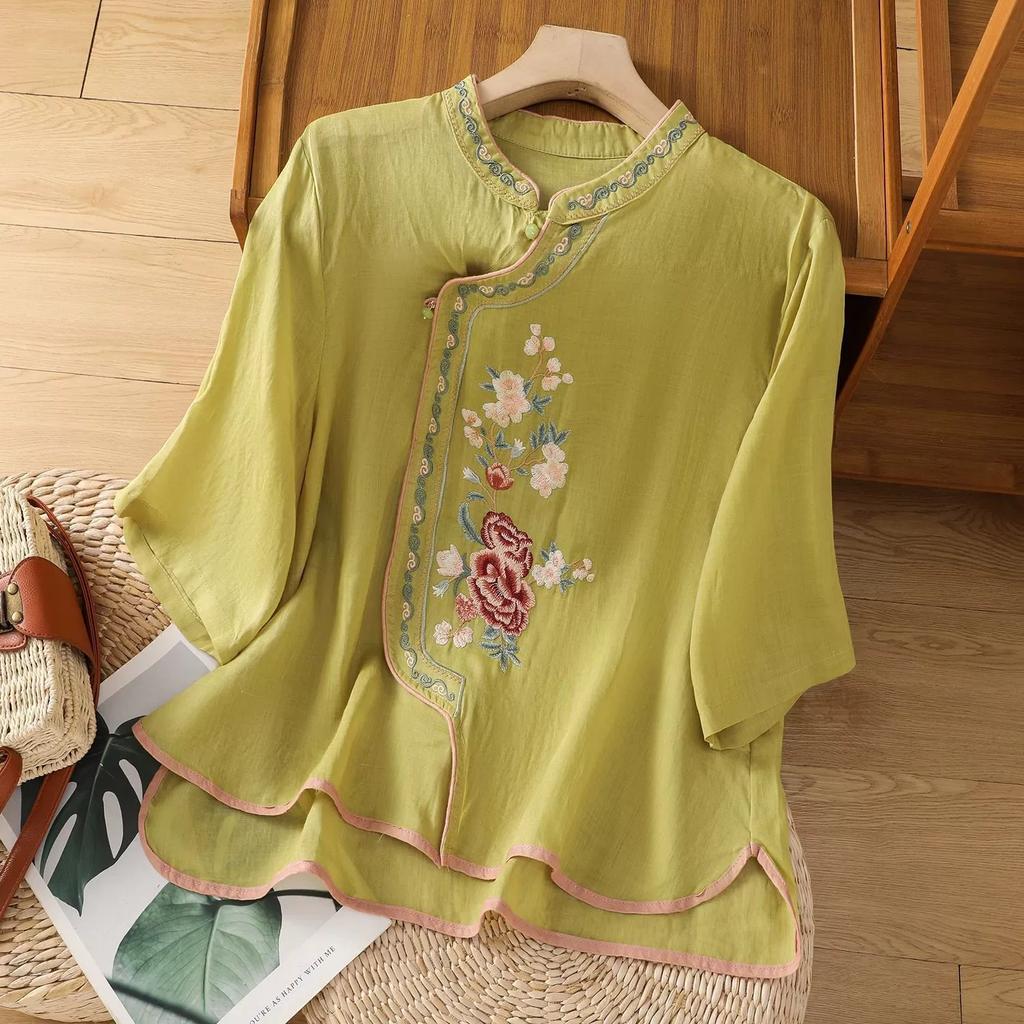 Casual Loose Blouse Shirt Women Clothes Summer Cotton Linen Ladies Tops Tee Blusas Vintage Embroidery Woman Shirt