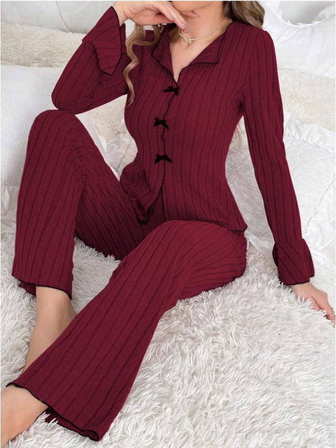 European Women's Bowknot Pajama Set - Autumn/Winter Casual Homewear Fashion