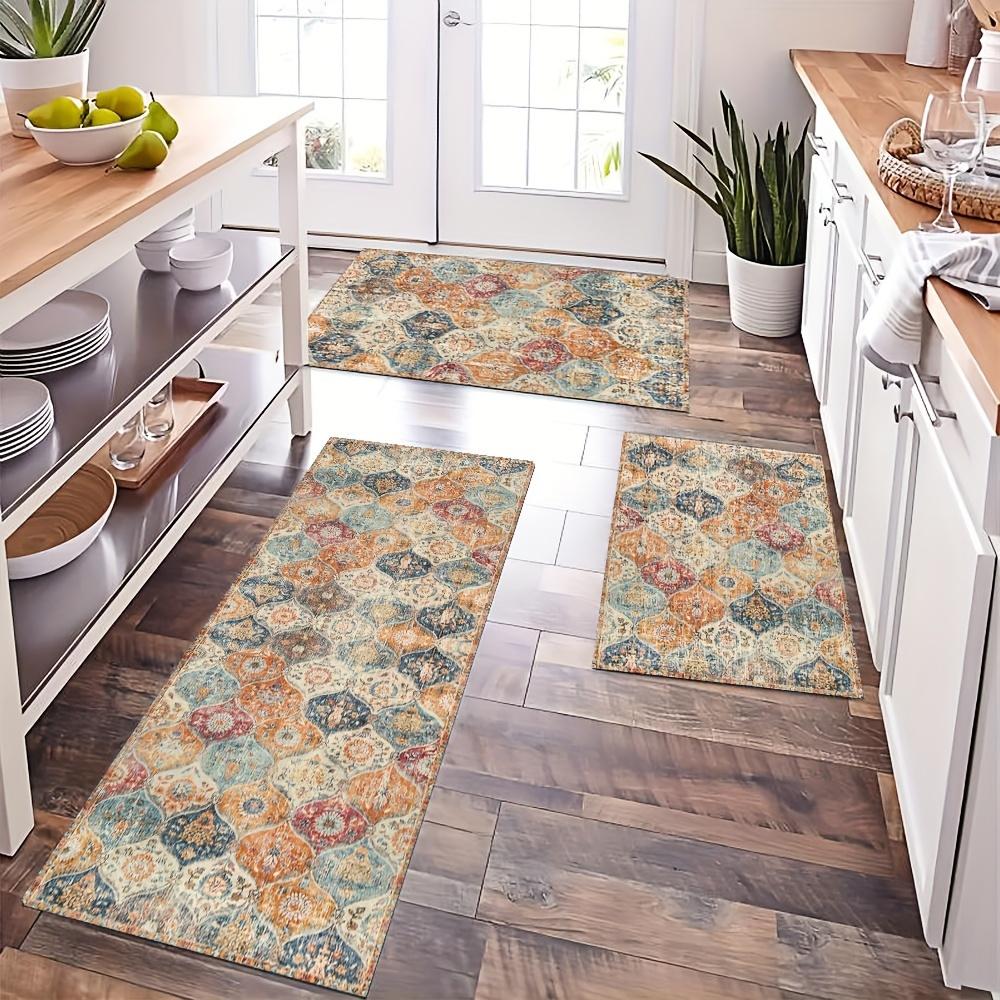 1Pcs Vintage Boho Floral Printed Kitchen Mat Soft Thickened Kitchen Floor Mat Waterproof Non-slip Oil-proof Floor Mat Runner Rug