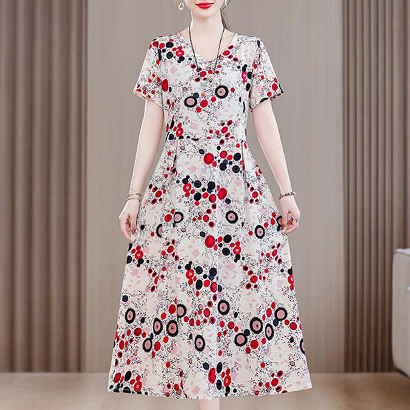 Langes Kleid mit Vintage-Print für Damen in Übergröße, lässiges kurzärmliges Sommerkleid mit Gürtel, Damenbekleidung mittleren Alters
