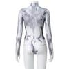 Women's Mock Printing Fashion Turtle Neck Tops Long Sleeve Bodysuit Jumpsuit