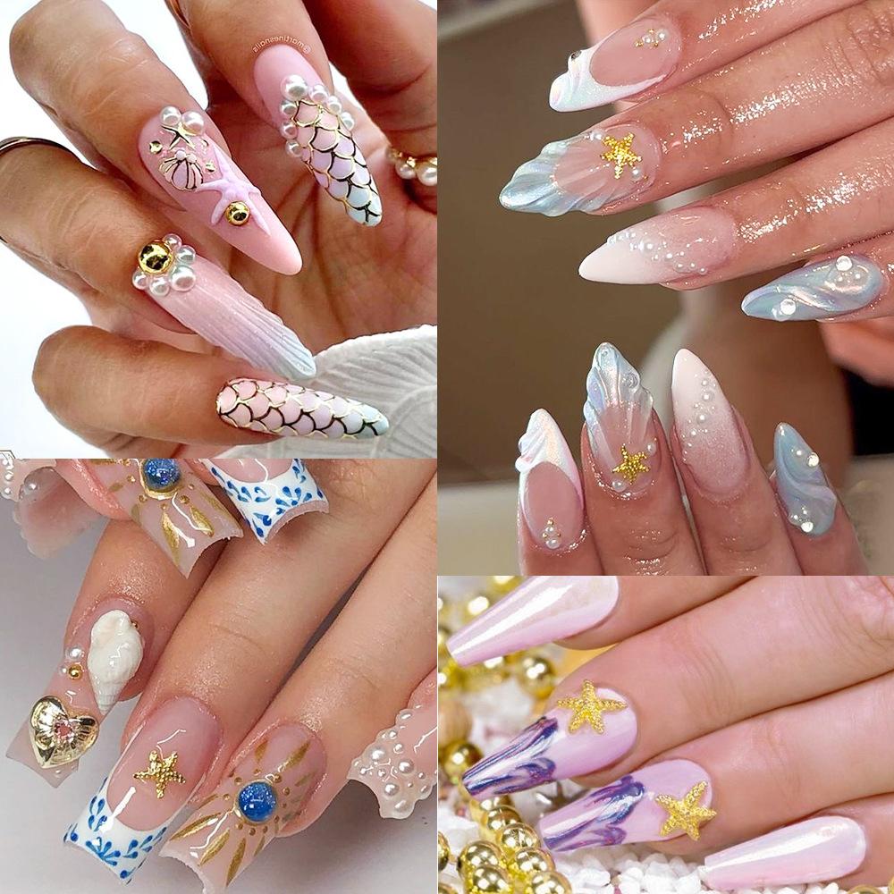 12 Grid 3D Beads Rhinestone Ocean-Inspired Nail Art Charms Alloy Shell Abalone Seahorse Starfish Conch Faux Pearl Beads For Diy Manicure Nail Supplies
