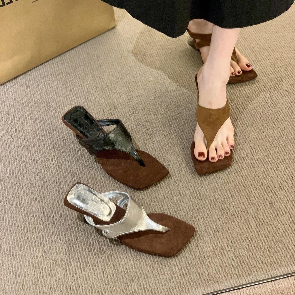 Wedge heel high heel flip-flop shoes women's shoes wear 2025 summer with skirt French sandals silver sandals