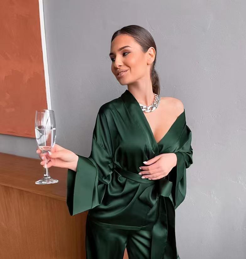 European & American Cross-Border Women's Long-Sleeved Cardigan Robe & Loose Pajama Pants Set
