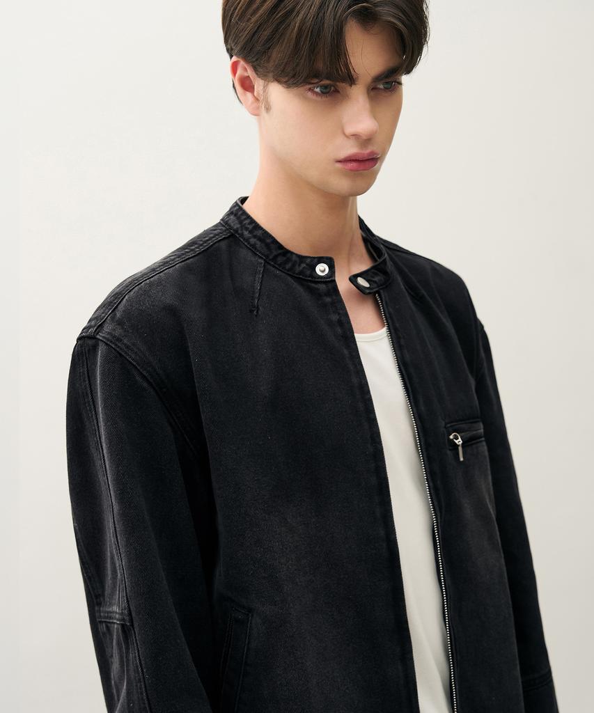 Draw Fit Washed Biker Denim Jacket [Black]