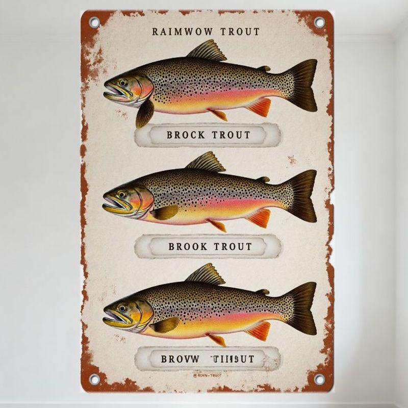 

Винтажная рустикальная металлическая жестяная табличка «Форель» - Rainwow, Брок, Иллюстрации ручьевой форели, Потертый состаренный настенный декор с отверстиями для подвешивания f 20x30cm（7.8x11.8inch）