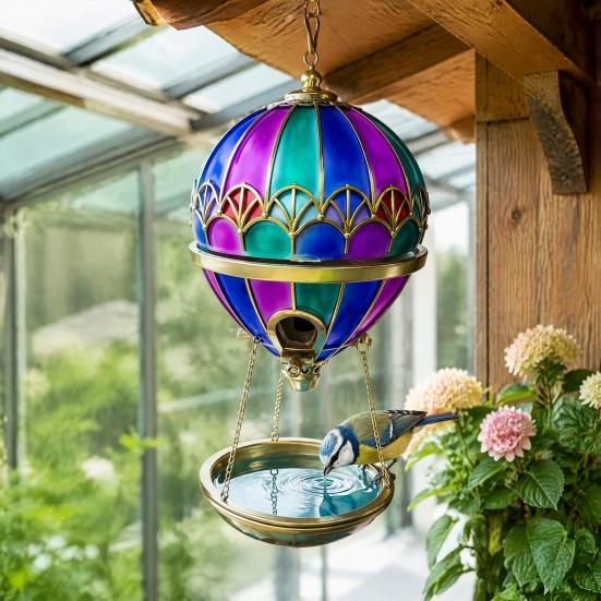 Bird Food Dispenser with Water Basin Hot Air Balloon Feeder, Retro Stained Glass Art Feeder Feeding Station Tray, Hanging Bath for Outdoor Garden