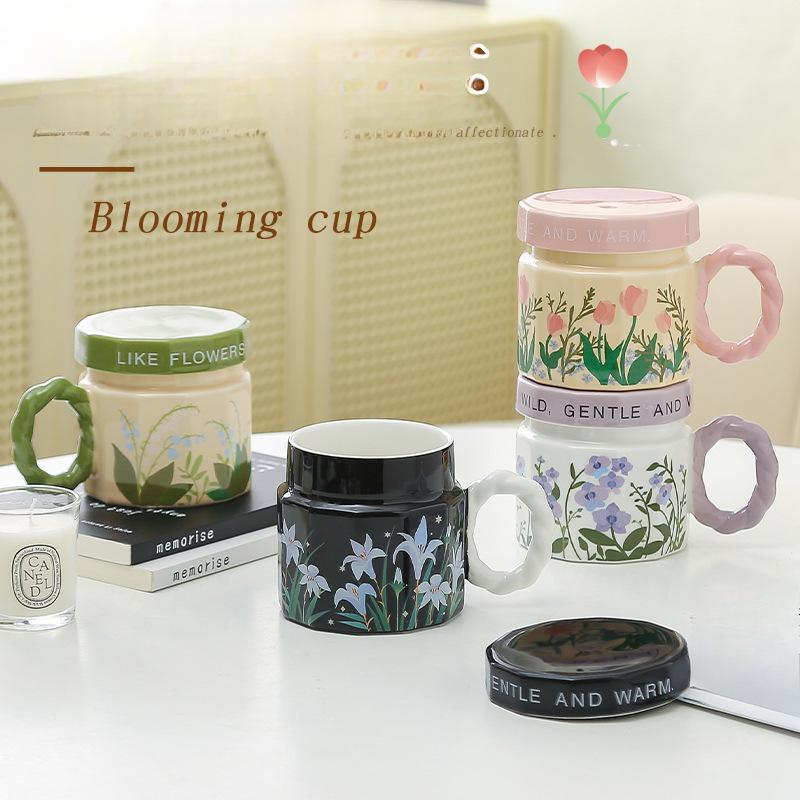 Flower Ceramic Mug with Lid High Value Water Cup Home Coffee Cup Office Birthday Gift Female Souvenir
