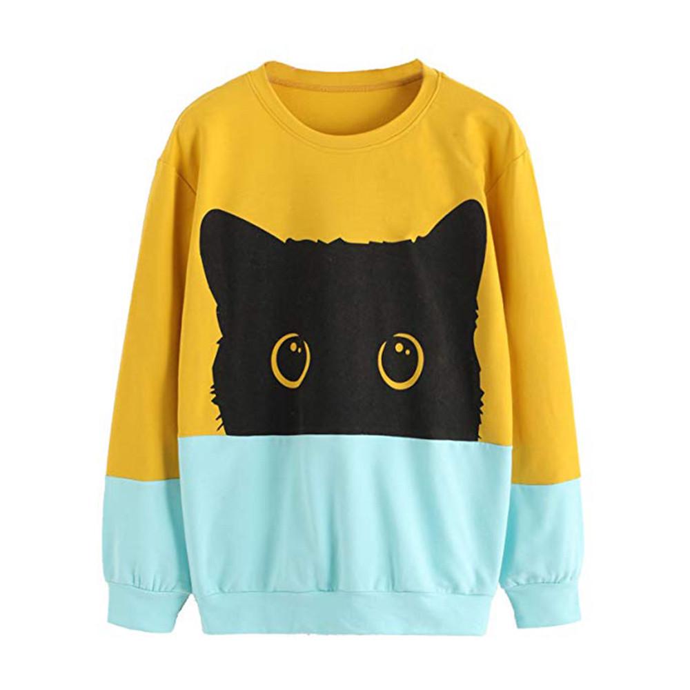 YoyoArt Women Casual 3D Cat Print Sweatshirt Long Sleeve O-Neck Pullover Blouse